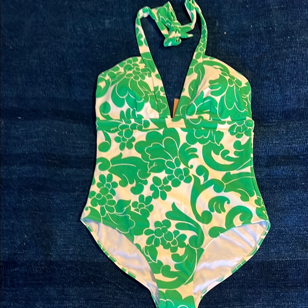 Boden Green and White One Piece Swimsuit Tropical Design NWT